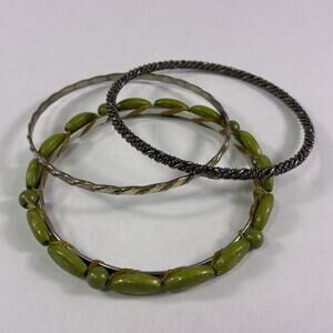 Lot of 3 Bangle Cuff Bracelets Green Silver Black Metal Wrist Fashion
